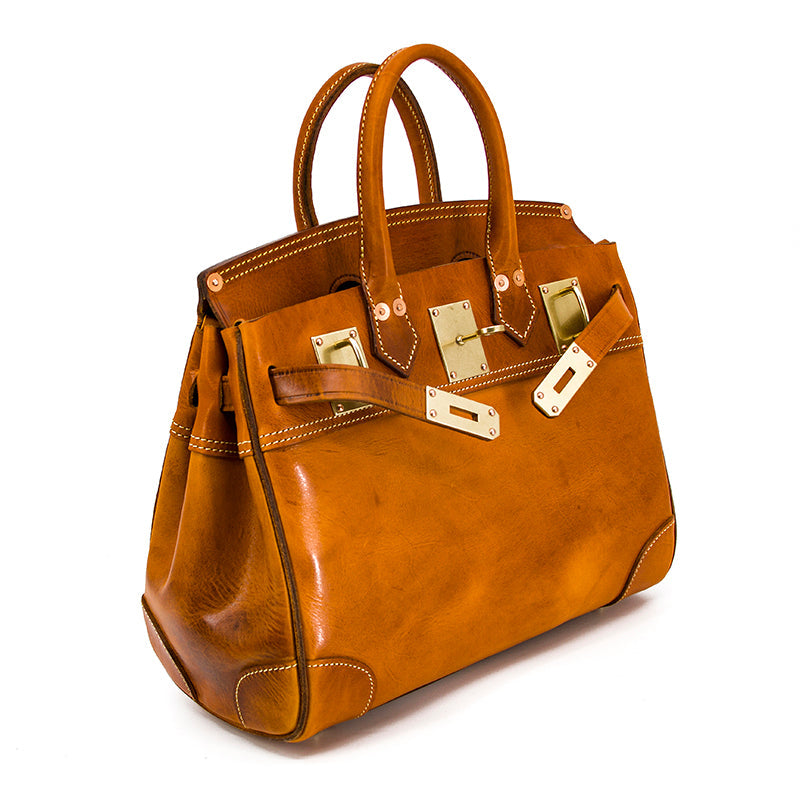 Birkin Style Italian Genuine Leather Tote Bag for Men and Women - 15 Inch - Yellow Brown - TassenLux