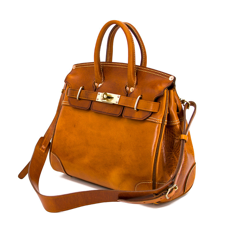 Birkin Style Italian Genuine Leather Tote Bag for Men and Women - 15 Inch - Yellow Brown - TassenLux