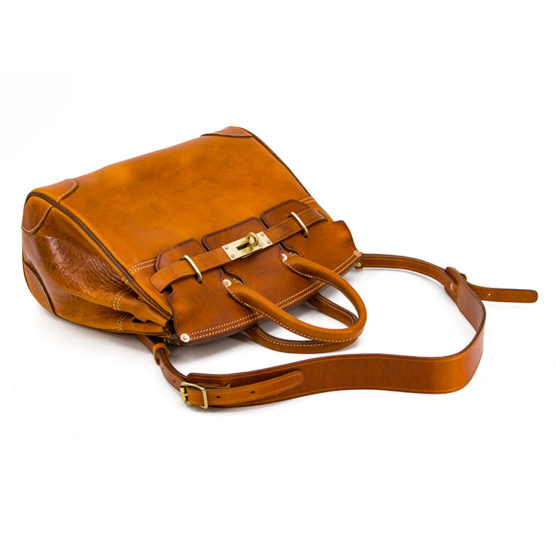 Birkin Style Italian Genuine Leather Tote Bag for Men and Women - 15 Inch - Yellow Brown - TassenLux