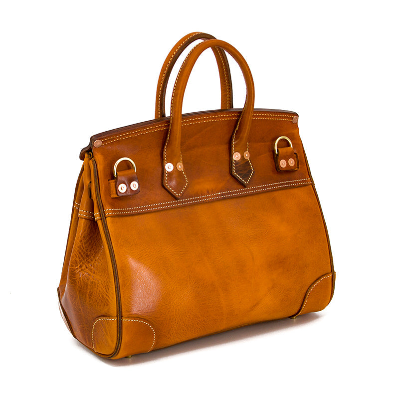 Birkin Style Italian Genuine Leather Tote Bag for Men and Women - 15 Inch - Yellow Brown - TassenLux