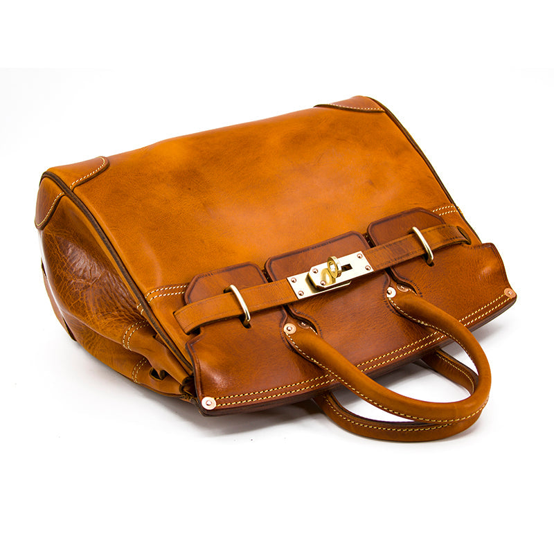 Birkin Style Italian Genuine Leather Tote Bag for Men and Women - 15 Inch - Yellow Brown - TassenLux