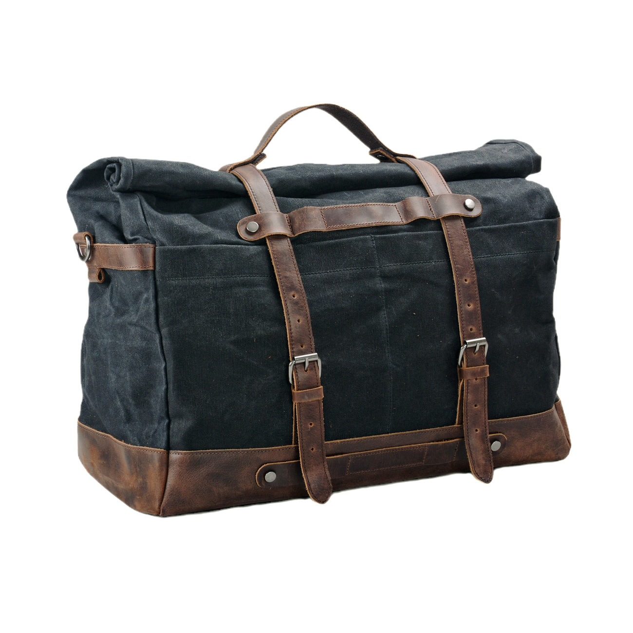 TassenLux Waterproof Waxed Canvas Genuine Leather Duffel Bag - Black - Hand-Held Travel & Weekender Bag for Men
