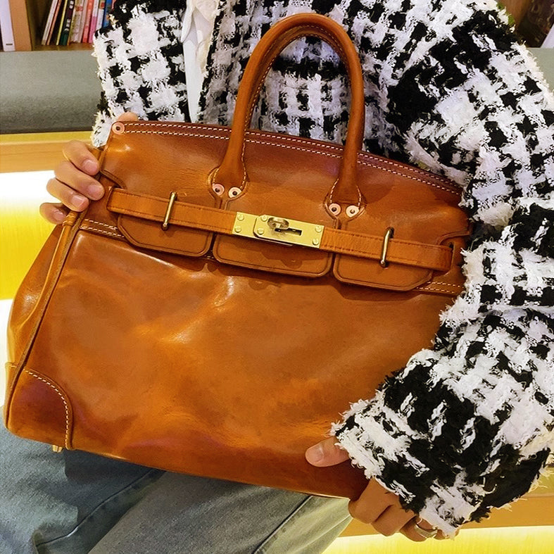 Birkin Style Italian Genuine Leather Tote Bag for Men and Women - 15 Inch - Yellow Brown - TassenLux