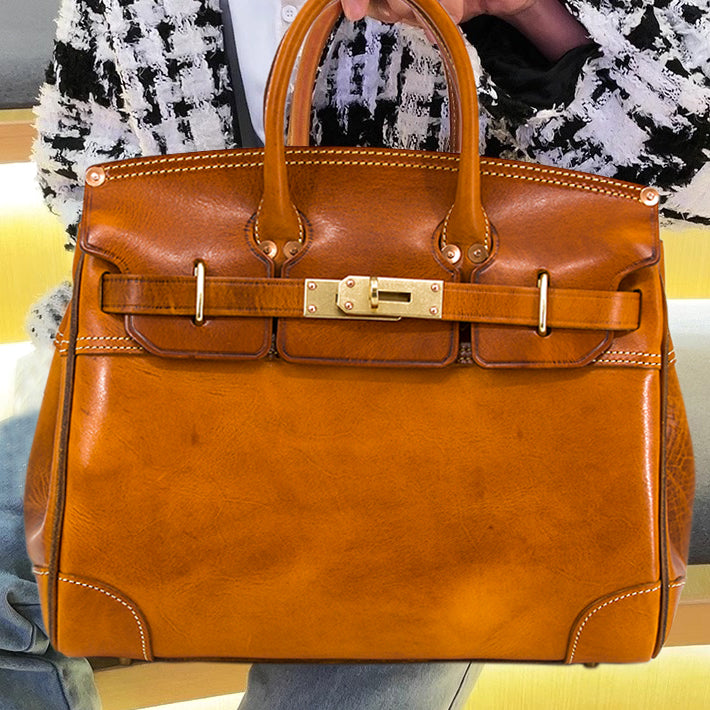 Birkin Style Italian Genuine Leather Tote Bag for Men and Women - 15 Inch - Yellow Brown - TassenLux