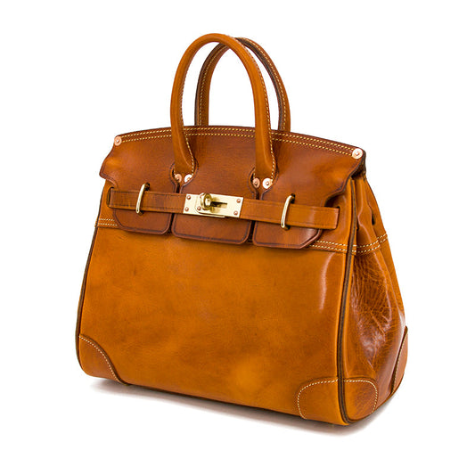 Birkin Style Italian Genuine Leather Tote Bag for Men and Women - 15 Inch - Yellow Brown - TassenLux