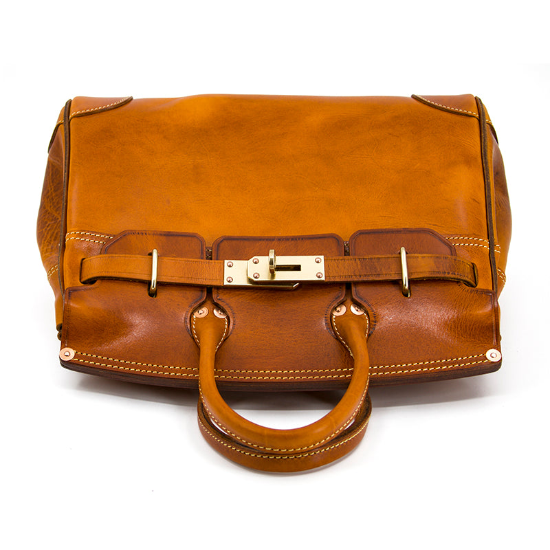Birkin Style Italian Genuine Leather Tote Bag for Men and Women - 15 Inch - Yellow Brown - TassenLux
