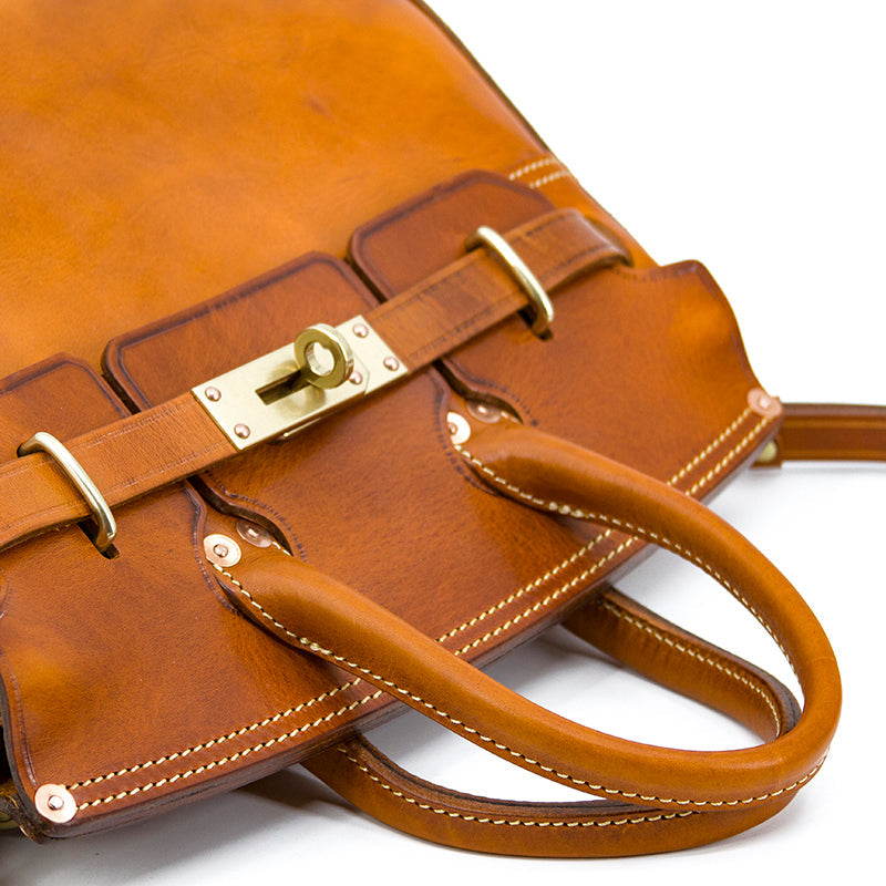 Birkin Style Italian Genuine Leather Tote Bag for Men and Women - 15 Inch - Yellow Brown - TassenLux