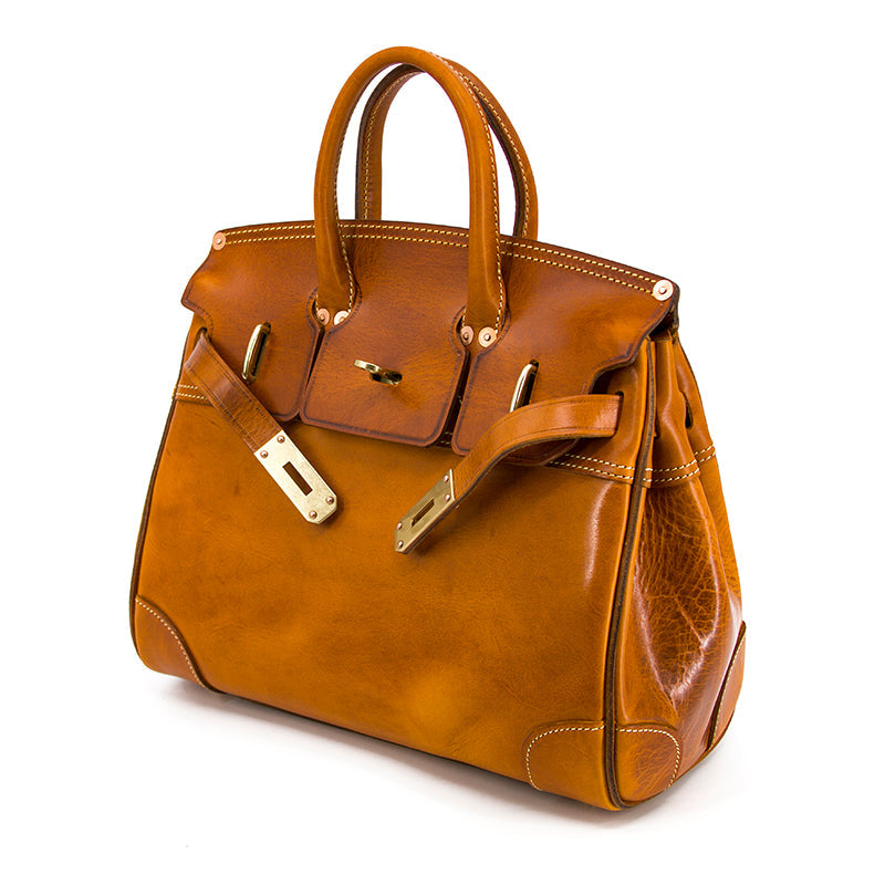 Birkin Style Italian Genuine Leather Tote Bag for Men and Women - 15 Inch - Yellow Brown - TassenLux