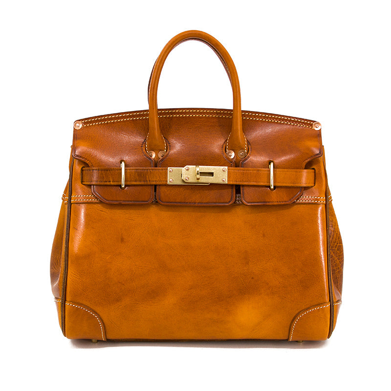 Birkin Style Italian Genuine Leather Tote Bag for Men and Women - 15 Inch - Yellow Brown - TassenLux
