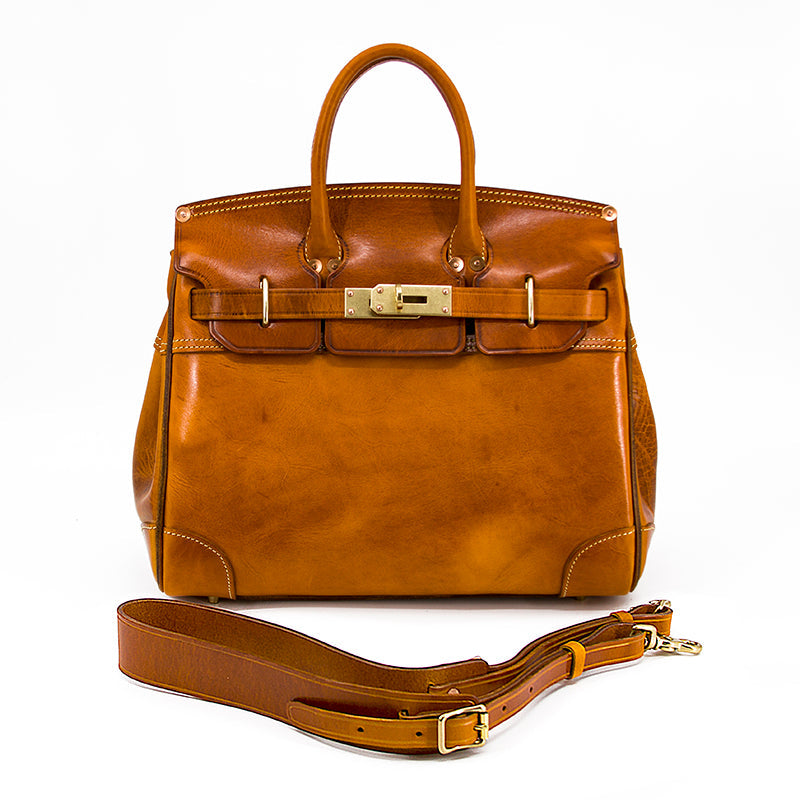 Birkin Style Italian Genuine Leather Tote Bag for Men and Women - 15 Inch - Yellow Brown - TassenLux